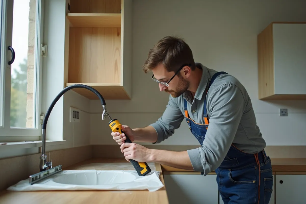 Poseur agenouillé travaillant sur un meuble de rangement en bois dans une pièce