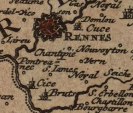 Extrait d'une carte de la Bretagne du XVIIIe siècle où figure le nom de Vern, au sud de Rennes