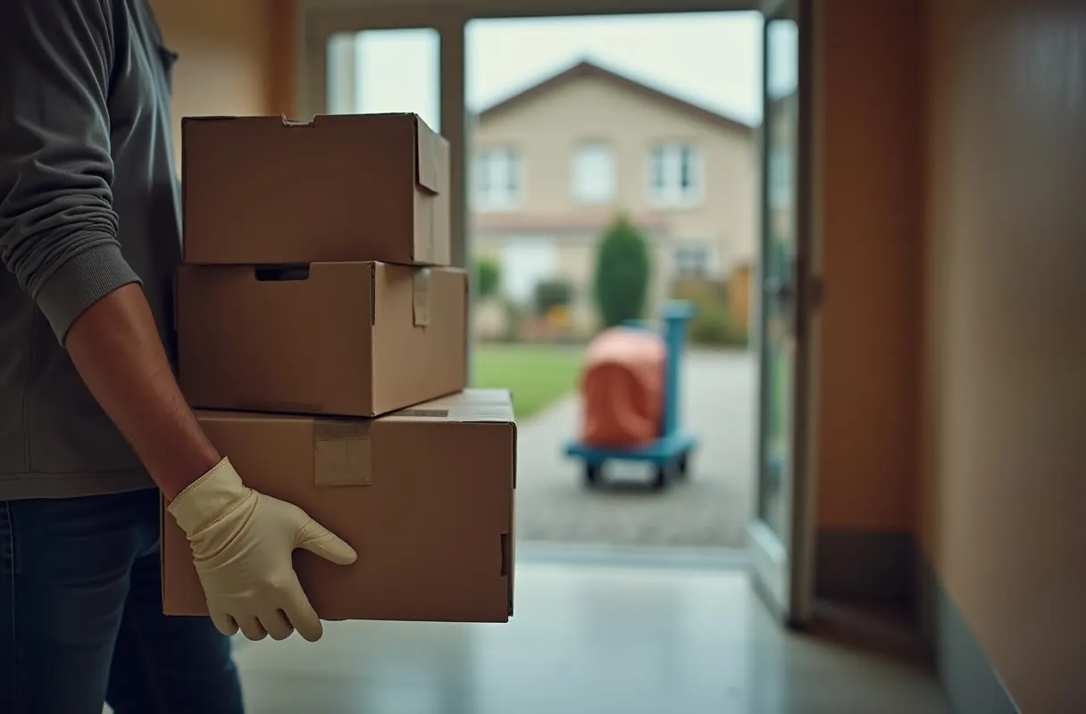 Cartons de déménagement prêts à être chargés dans un camion
