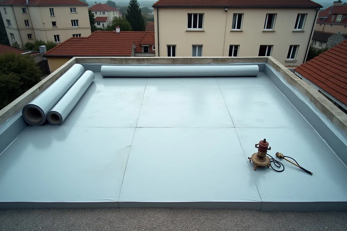 Toiture-terrasse avec des rouleaux de membrane bitumineuse en attente de pose