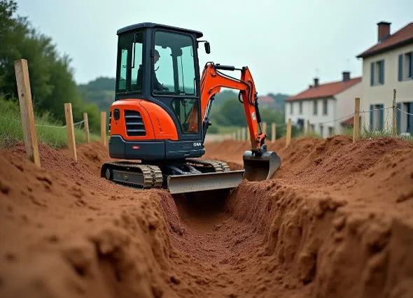 Mini-pelle orange creusant une tranchée dans une terre brune devant une maison, piquets et grillage de chantier au premier plan